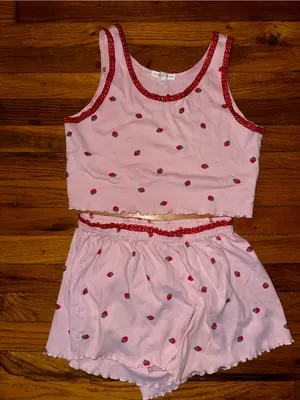 Love Peace & Lazy Days Strawberry Lace Trim Pajama Set Pink Coquette PJs Viral thumbnail 5