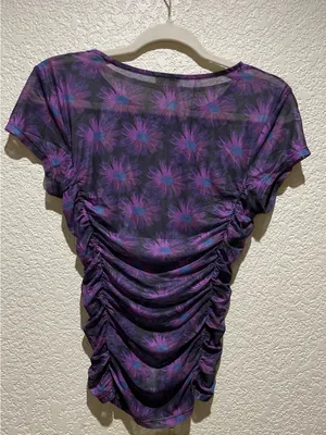 Free People NWT Purple Mesh Floral Ruched Women’s Tee Top Size M thumbnail 4