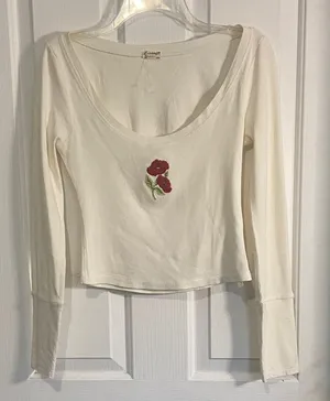 Free People Cream Long Sleeve with Red Floral Accent thumbnail 1