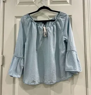 Sanctuary Women's Blue Off Shoulder Bell Sleeve Blouse Size L thumbnail 1