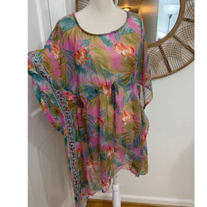 Sunflower Kaftan Swim Cover Up Womens Free Size Pink Tropical Sheer Chiffon Boho thumbnail 3