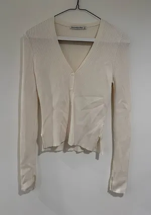 Abercrombie & Fitch Cream Ribbed V-Neck Long Sleeve Cardigan thumbnail 1