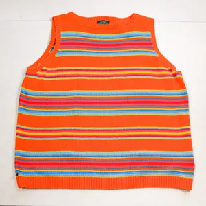 Lauren Ralph Lauren Sweater Vest Womens 3X Orange Striped Cotton Knit Multicolor thumbnail 1