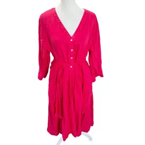 Rosso35 100% Linen Belted Midi Shirt Dress Fuchsia Pink Italy US 14 thumbnail 2