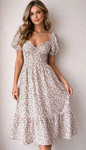 ASOS Floral Puff Sleeve Square Neck Midi Dress‎ Size XS Milkmaid Cottage Midi thumbnail 1