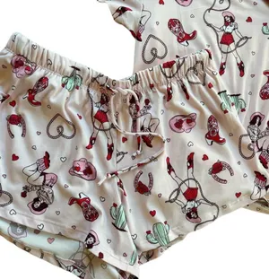Boutique Cowgirl Shortie Pajamas Pink Sz XS Button Top Pull On Drawstring Short thumbnail 3