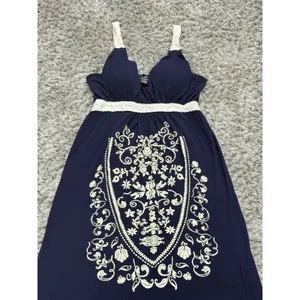 Women’s Blue Maxi Dress Size M Padded Lace Accents Embroidered Boho Cottagecore thumbnail 4
