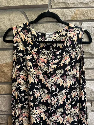 Vintage April Cornell Floral V-Neck Sleeveless Maxi Dress Black/Pink Medium thumbnail 4
