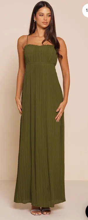 New Lulus Delina Olive Plisse Chiffon Tie-Back Maxi Dress Size Small thumbnail 1