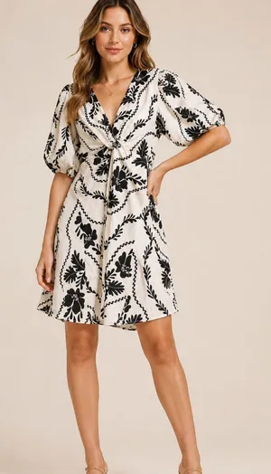 White closet‎ Black & cream Floral Twist-Front Mini Dress linen blend med thumbnail 1