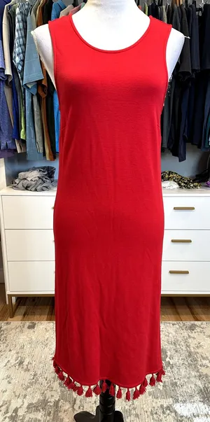 Crown & Ivy Women's Red Sleeveless Fringe Hem Midi Dress Keyhole Back S thumbnail 1