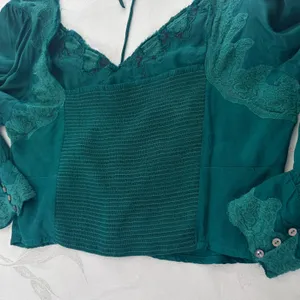 Free People Size-XL/T Women's Top Janelle Green Balloon Sleeve Lace Trim Smocked thumbnail 13