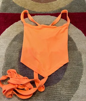 SheIn Like-New Y2K Orange Ribbed Hankercheif Open Back Tie Crop Tank Top Small thumbnail 1