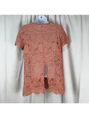Maurices Womens M Lace Overlay Blouse Rust Short Sleeve Floral Back Slit Nylon thumbnail 2