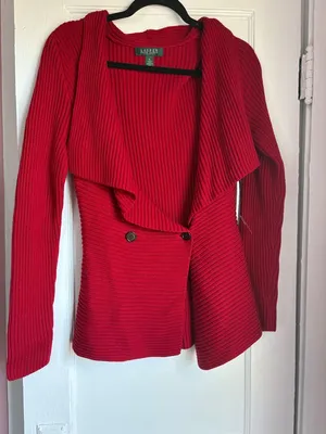 NWT Lauren Ralph Lauren Red Ribbed Cotton Cardigan Petite Large Button Front thumbnail 1