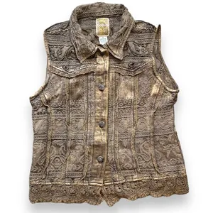 Vintage Flashback‎ Vest Metallic Brown Floral Detail Lace Embroidered High Neck thumbnail 2