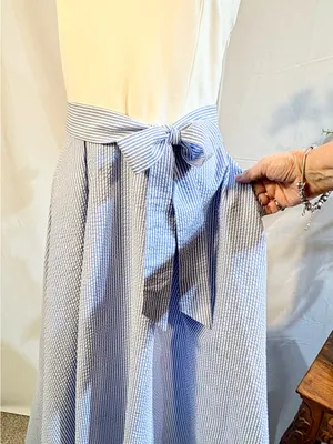 💥NWT Hutch Blue White Seersucker Stretch Knit Tie Waist Midi Dress Sz 4🧡 thumbnail 8