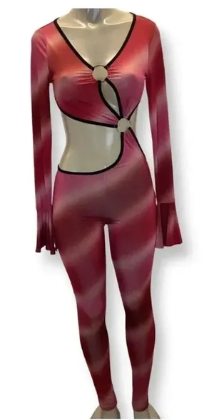 Tie Dye Size Large One Piece Pantsuit Exotic Style & Ruffle Bell Sleeves. New thumbnail 1