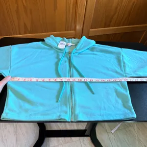 Iris NEW Medium Aqua Blue Cropped Zip Up Hoodie Sweatshirt lightweight NWT thumbnail 6