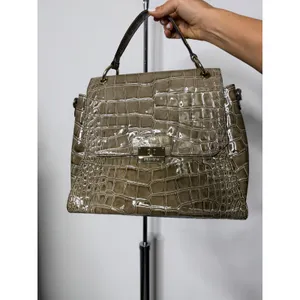 Brahmin Crocodile Embossed Leather Satchel Taupe Olive Top Handle Crossbody Bag thumbnail 2
