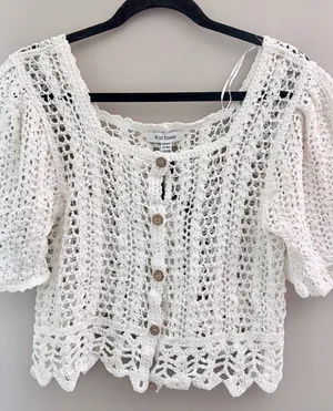 Wild Flower Cream Crochet Short Sleeve Button Front Top Cardigan S/M NWT Boho thumbnail 1