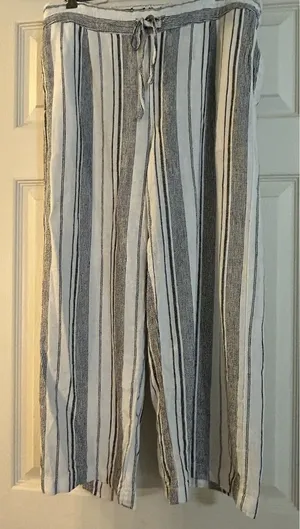 Per Se White And Black Striped Linen Crop Wide Leg Pants Women M Breezy Classic thumbnail 1