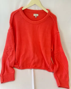 Lucky brand women’s size large bright coral crewneck sweater thumbnail 1