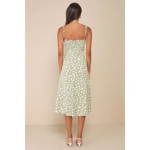 Lulus Party in Paris Sage Green Print Tie-Strap Midi Dress Resort Extra Large thumbnail 4