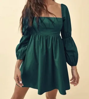 Exlura dk Green feminine Puff Sleeve Mini Dress small babydoll coquette holiday thumbnail 1