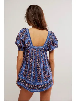 Free People Retro 70s Bohemian Vintage Lover Blouse Dutch Blue Combo Medium thumbnail 10