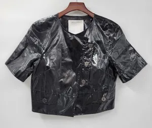 Walter Baker Shirt Womens 8 Black Faux Leather Buttons Asymmetrical Cropped thumbnail 1