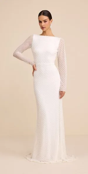Lulus Mariani White Sequin Beaded Backless Long Sleeve Maxi Dress Medium NWT thumbnail 1