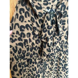 Papaya Leopard Print Ruffle Zip Front Mini Dress Tan Black Smocked Waist Small thumbnail 4
