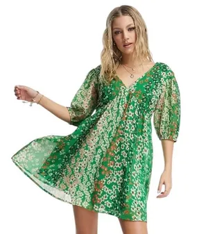 ASOS Wednesday's Girl puff sleeve mini smock dress in green patchwork thumbnail 1