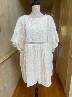 Altar’d State Cove White Embroidered Flutter Sleeve Mini Cotton Dress Boho Sz M thumbnail 2
