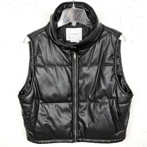 Anthropologie Faux Leather Puffer Vest Black Cropped Full Zip Pockets Size Small thumbnail 2