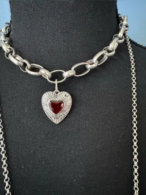 NEW Free People Zehnder Layer Necklace Silver Tone Heart Charm Double Chain Ring thumbnail 4