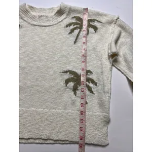 hem & thread Palm Tree Knit Sweater Medium Cotton Cream Olive Green Crew Neck thumbnail 6