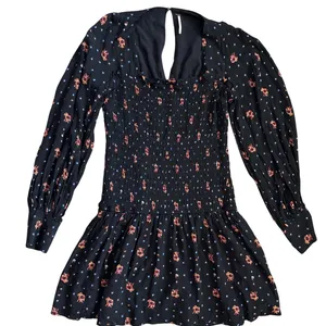 Free People Two Faces Smocked‎ Printed Mini Dress Black Combo Size Large thumbnail 6