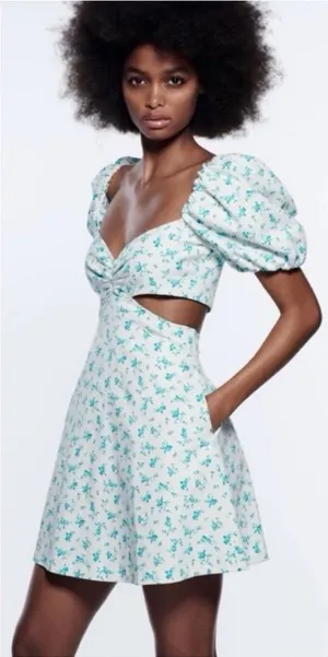 Zara White and Blue Floral Puff Sleeve Mini Dress thumbnail 1