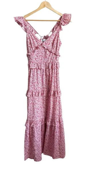 Petal + Pup Aspa Floral Tiered Midi Dress Pink Ruffle Tie Back Cotton Size 4 thumbnail 1