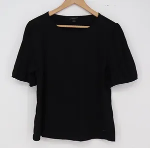 Ann Taylor Top Womens L Factory Black Puff Sleeve Cotton Solid Excellent thumbnail 1