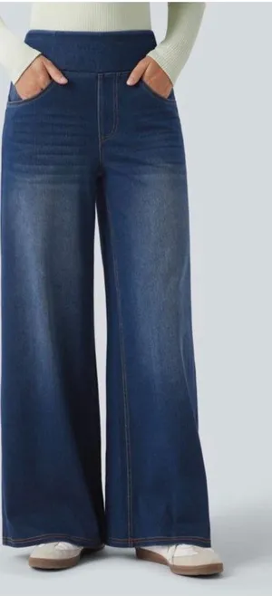 Halara L Denim Wide-Leg Pants Stretch Waist Large Blue Cotton Blend thumbnail 1