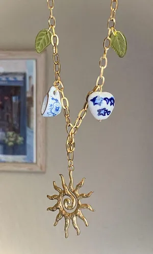 Handmade vintage cottage retro boho fairy funky style quality material mix gold stainless steel necklace🌞🌿 thumbnail 5