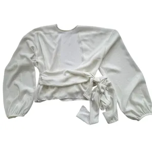 Wilfred Aritzia White Wrap Blouse Womens S Silk Trim Balloon Sleeve Cropped Top thumbnail 2
