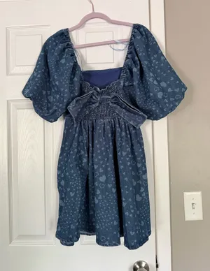 Avec Les Filles Bow Back Puff Sleeve Hearts Denim Mini Dress thumbnail 1