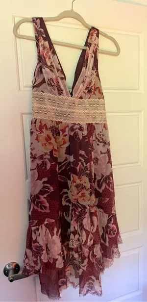 Free People Purple Floral Midi Dress with cream lace thumbnail 1