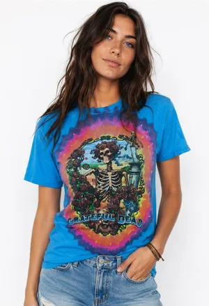 Liquid Blue Grateful Dead Bertha Skeleton Roses Tie Dye Graphic T-Shirt Small thumbnail 1