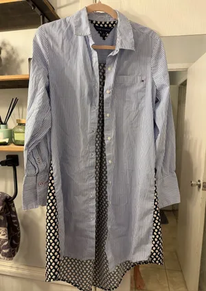 Tommy Hilfiger Blue and White Striped Shirt Dress with Navy Floral Panel thumbnail 1