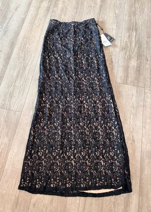 Adrianna Papell Navy Lace Maxi Skirt with Nude Underlay thumbnail 1